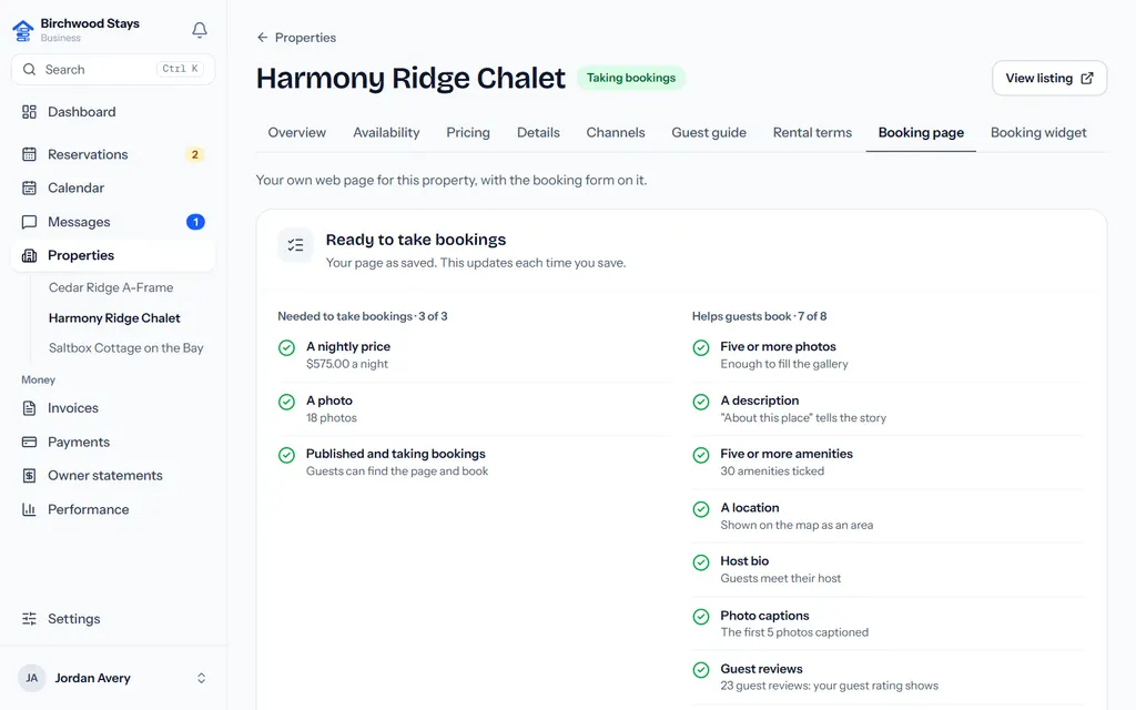The booking page editor's readiness checklist: what the page needs to take bookings and what helps guests book, each item ticked or with a link to fix it